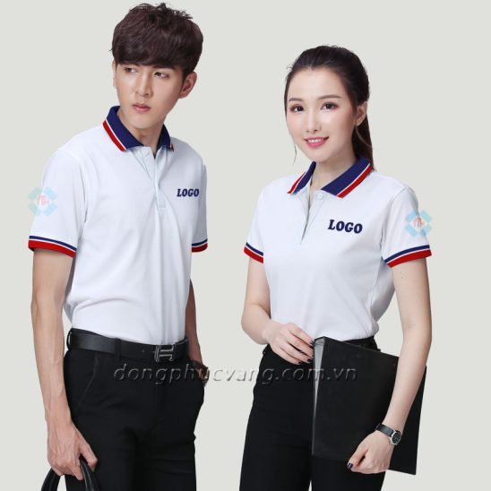 Áo đồng phục polo màu trắng phối sọc